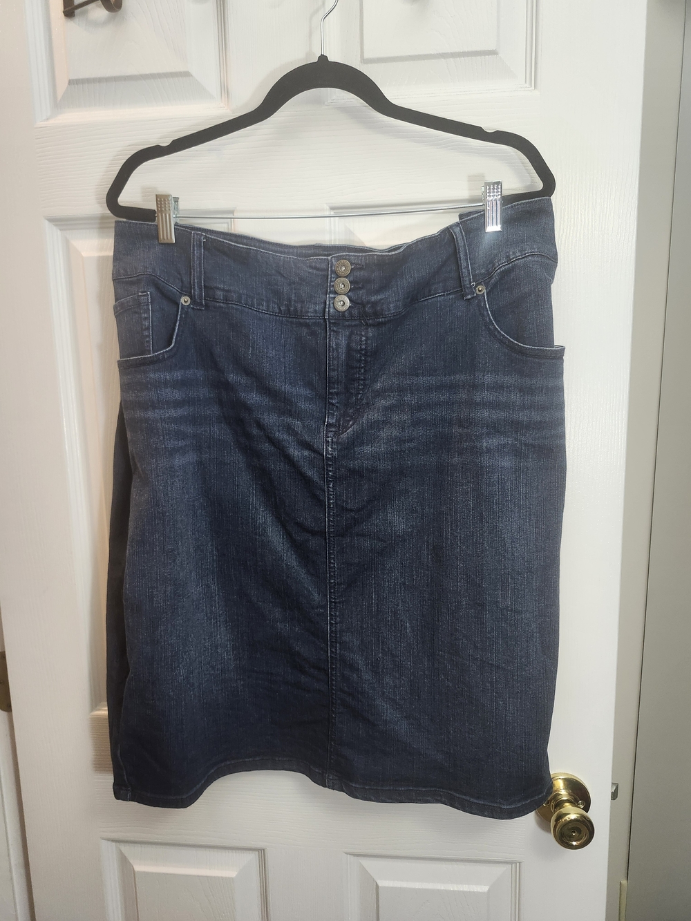 Torrid Dark Indigo Denim Midi Skirt with Triple Button Waist, 28 = 4X